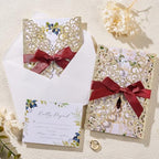 50Pcs Gold Glitter Wedding Invitations With Envelopes and RSVP Cards and Burgundy Ribbon Laser Cut Invitation Kits For Wedding Bridal Shower Quinceanera Invite - Image 5