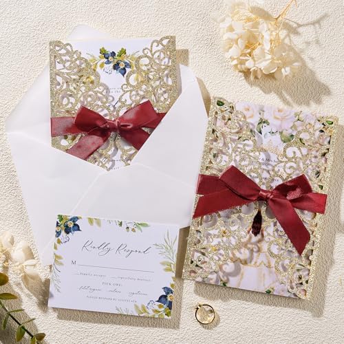 50Pcs Gold Glitter Wedding Invitations With Envelopes and RSVP Cards and Burgundy Ribbon Laser Cut Invitation Kits For Wedding Bridal Shower Quinceanera Invite - Image 5