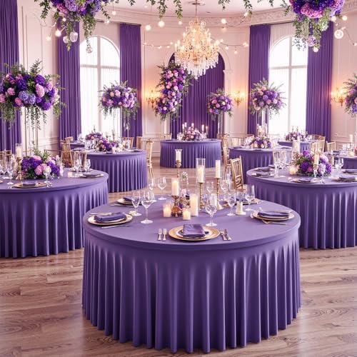 6 Pack Purple Spandex Round Tablecloths for 60 inch Table, Wrinkle Free Stretchy 120inch Fitted 5FT Round Table Cover Cloths with Skirt for Wedding Party Dining Banquet - Image 7
