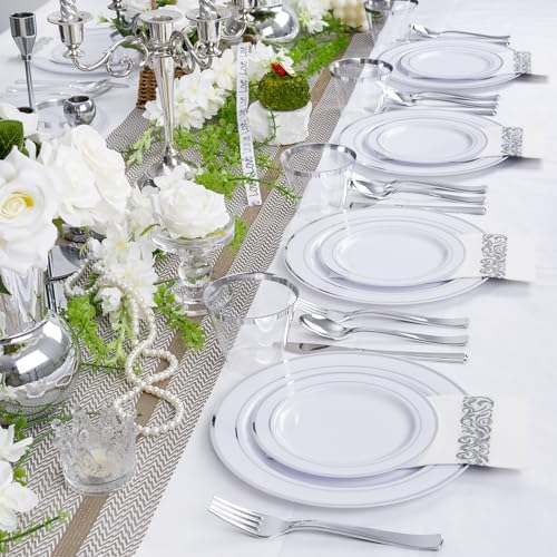 WELLIFE 700 Pieces Silver Plastic Dinnerware Set for 100 Guests - Includes Plates, Cups, Napkins, and Disposable Cutlery - Elegant White & Silver Design, Perfect for Parties and Events - Image 6