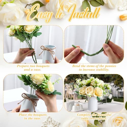 3 Sets Artificial Peonies Flower Peony Bouquet with Galvanized Metal Pot Silk Fake Peonies Faux Flower Arrangements for Wedding Table Centerpiece Party Home Room (Champagne) - Image 5