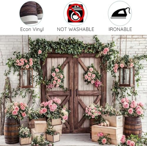 10x8ft Country Wedding Photography Backdrop Floral Rustic Roses Farmhouse Wooden Door Backdrop Pink Flower Birthday Baby Shower Wedding Bridal Party Banner Photo Booth Props Anniversary Background - Image 6