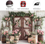10x10ft Country Wedding Photography Backdrop Floral Rustic Roses Farmhouse Wooden Door Backdrop Pink Flower Birthday Baby Shower Wedding Bridal Party Banner Photo Booth Props Anniversary Background - Image 6