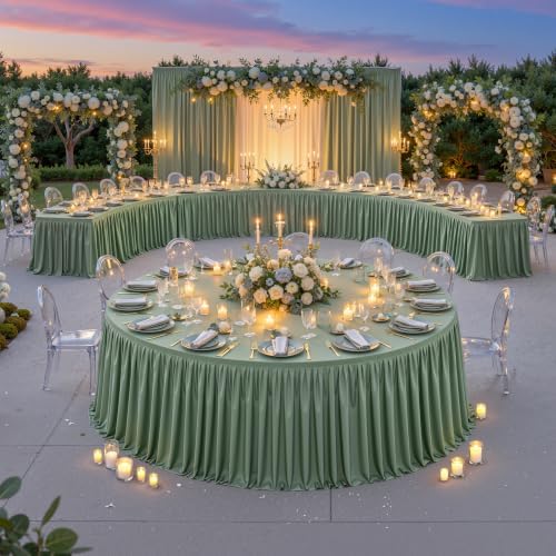 Partisky Sage Green Polyester Table Skirt for Rectangle Tables 14ft, Wrinkle Resistant Pleated Ruffle Table Cloth for Wedding Baby Shower - Image 3