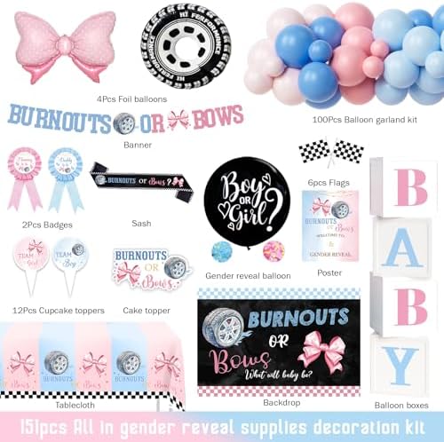 Burnouts or Bows Gender Reveal Decorations, 151 Pcs Boy or Girl Gender Reveal Party Supplies with What Will Baby Be Backdrop, Pink Blue Balloon Garland, Boxes - Image 2