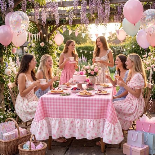 Moukeren Pink White Plaid Ruffled Long Table Cloth Rectangular Fits - Image 4