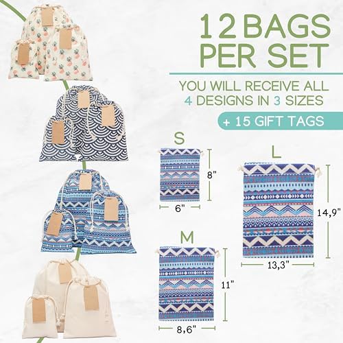 12 PCS Reusable gift bags with drawstring + 15 gift tags | Fabric gift bags in 3 Sizes | Gift wrapping alternative, storage bags, travel & party favor bags. 2nd Ed. - Image 2
