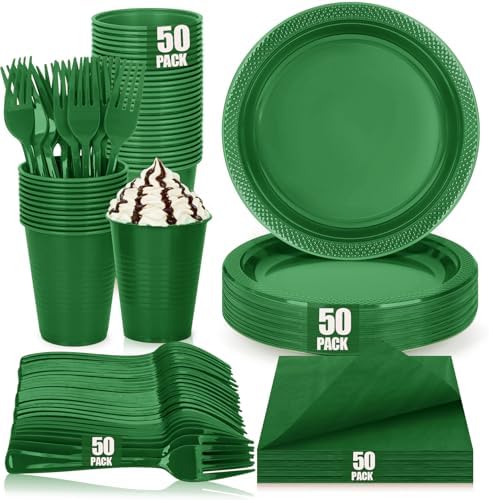 Green Plastic Plastic Party Plates and Napkins Set for Birthday, Christmas by UseOnceDoneRight