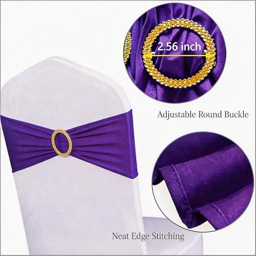 Pack of 100 Purple Chair Sashes with Gold Buckles Spandex Chair Bands Bows - Image 4
