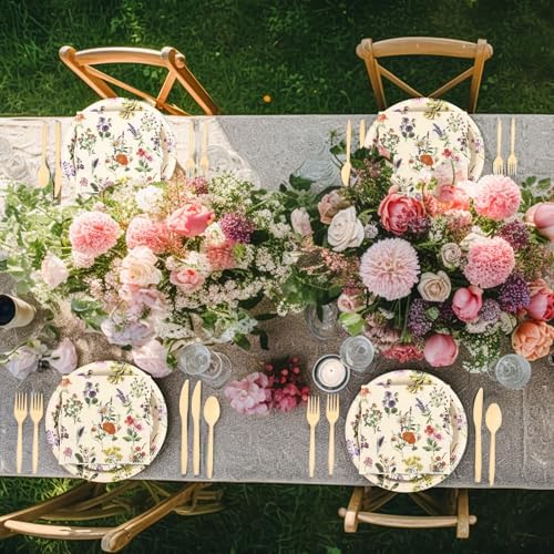 400 Pcs Wild Floral Disposable Paper Plates Napkins Cups Serve 50 Watercolor Floral Tableware Set for Spring Wedding Tea Party Decoration Bridal Shower Baby Shower (Fresh Color,Vivid Style) - Image 5