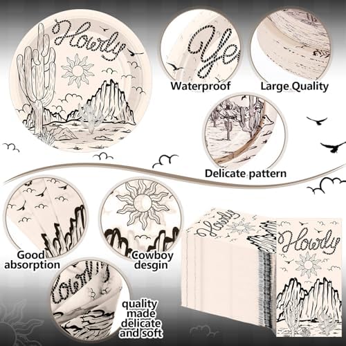 Pickmesh 250 Pcs Western Cowboy Cowgirl Party Decorations Black Wild West Disposable Tableware Set Howdy Yee Haw Paper Plates Napkins and Cups for Rodeo Birthday Baby Shower Party Decorations Serve 50 - Image 3