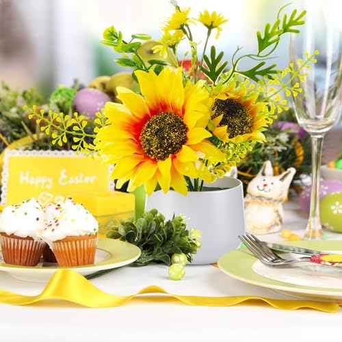Zeyune Artificial Sunflower Potted Plants Rustic Wedding Table Centerpieces Summer Spring Kitchen Silk Yellow Flower with Plastic Pot for Home Bathroom Office Bridal Shower(8 Pcs,Classic,Sunflower) - Image 5