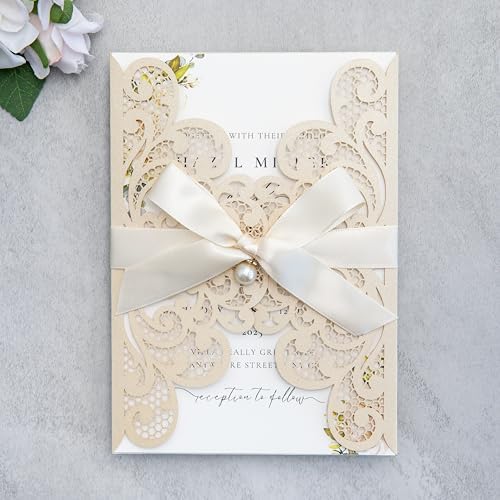 20Pcs Champagne Laser Cut Wedding Invitation Cards With Envelopes by FEIYI