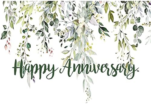 Leowefowa 10x6.5ft Happy Anniversary Backdrop Green Eucalyptus Leaves Photography Background Wedding Bridal Decorations Surprise Shower Gender Reveal Photo Party Banner Photo Booth Props - Image 3