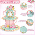 Zopeal 129 Pcs Disposable Tea Party Supplies Teapot Cupcake Stand Vintage Floral Cup Plate Napkin Princess Tea Party Decoration Tableware for 16 Guests Birthday Baby Shower Bridal Wedding Decoration - Image 3