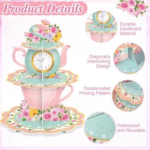 Zopeal 129 Pcs Disposable Tea Party Supplies Teapot Cupcake Stand Vintage Floral Cup Plate Napkin Princess Tea Party Decoration Tableware for 16 Guests Birthday Baby Shower Bridal Wedding Decoration - Image 3