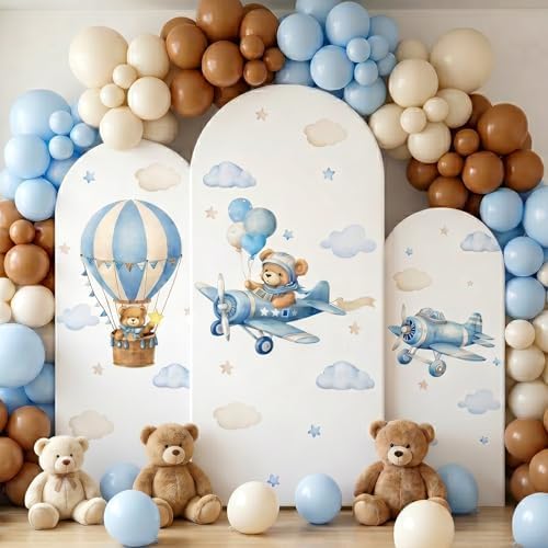 3PCS Teddy Bear Arch Backdrop Cover 4ft 5ft 6ft Vintage Airplane Party Decorations Blue Pilot Spandex Stretch Arch Stand Cover Hot Air Balloon Photo Background for Baby Shower Wedding Birthday Decor by chiazllta