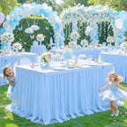 Baby Blue Table Cloth for 8 Foot Rectangle Tables, Stretch Fitted Tulle Table Covers Skirt, Rectangular Ruffle Tutu Tablecloth Wedding Baby Shower Baby Shower Cake Tablecloths Decorations - Image 7
