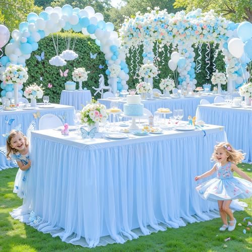 6 Pack Baby Blue Table Cloth for 6 Foot Rectangle Tables, Stretch Fitted Tulle Table Covers Skirt, Rectangular Ruffle Tutu Tablecloth Wedding Baby Shower Baby Shower Cake Tablecloths - Image 4