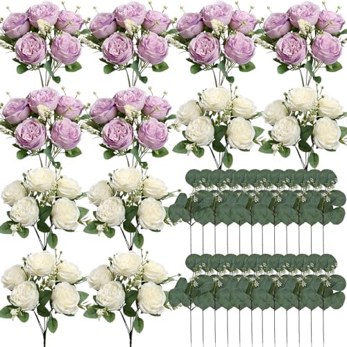 12 Bundles Purple White Artificial Peonies Silk Flowers Bulk - Image 2