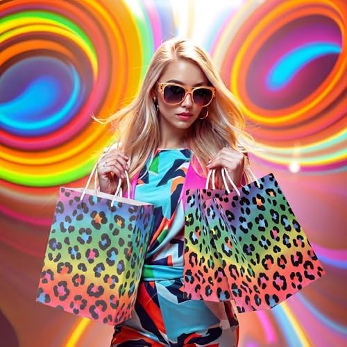 Tenceur 80 Pcs Neon Rainbow Leopard Paper Treat Bags Bulk with Handles 10.63 x 4.72 x 7.87 Inch Leopard Gift Goodie Cheetah Themed Birthday Party Favors for Bridal Shower Christmas Decorations - Image 5