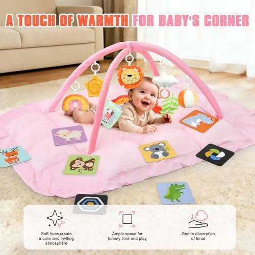 5-in-1 Tummy Time Mat Baby Activity Gym with Cartoon Pattern, Extra Thick Plush Play Floor Mat, Featuring Hanging Toys, Sensory Development Gym & Lovely Gift for Newborn Baby, Lion - Image 5