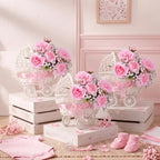 3 Pack Baby Shower Table Centerpiece, Pink Rattan-Style Carriage Baskets with Faux Ranunculus and Baby's Breath for Girl Gender Reveal Bridal Wedding Party Tables by Wavyknot