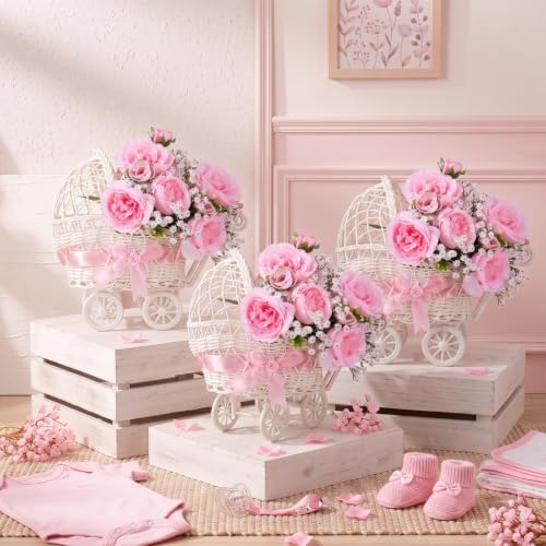 3 Pack Baby Shower Table Centerpiece, Pink Rattan-Style Carriage Baskets with Faux Ranunculus and Baby's Breath for Girl Gender Reveal Bridal Wedding Party Tables by Wavyknot