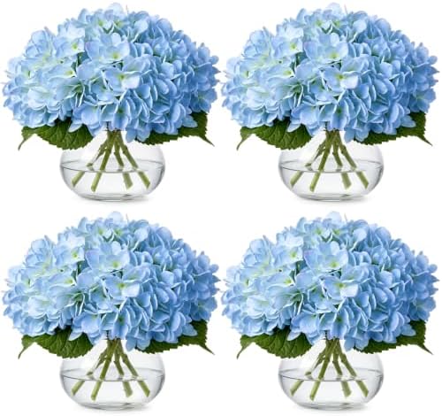 Zeyune 4 Pack Hydrangea Artificial Flowers Hydrangea Flowers Fake Silk Hydrangeas with Faux Vase and Water for Home Table Centerpieces Wedding Birthday Baby Shower Party Decoration (Blue) by Zeyune