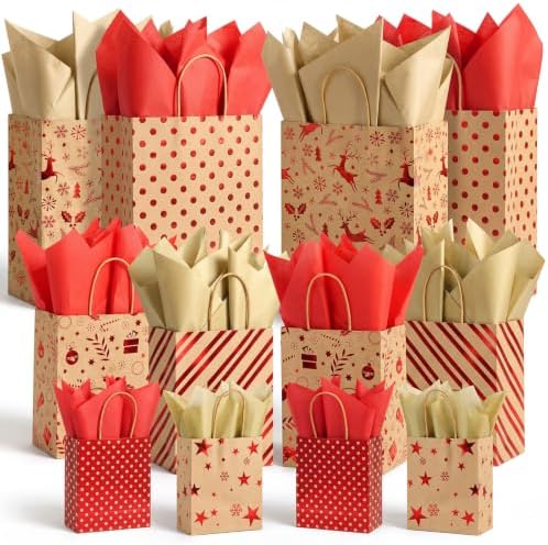 Humyoun 24 Pack Christmas Paper Gift Bags Bulk Assorted Sizes, Khaki,Red by Humyoun