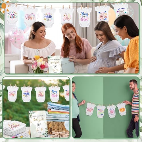 Panitay 126 Pcs Baby Shower DIY Bodysuit Set Bib 25 Blank White Newborn Bodysuit 25 Stencils 24 Marker 1 Sign 50 Pins(Greenery) - Image 5
