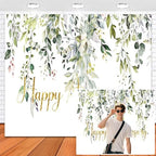 Leowefowa 10x5ft Vinyl Happy Anniversary Backdrop Green Gold Eucalyptus Leaves Photography Background Wedding Bridal Decorations Baby Shower Gender Reveal Photo Party Banner Photo Booth Props by Leowefowa