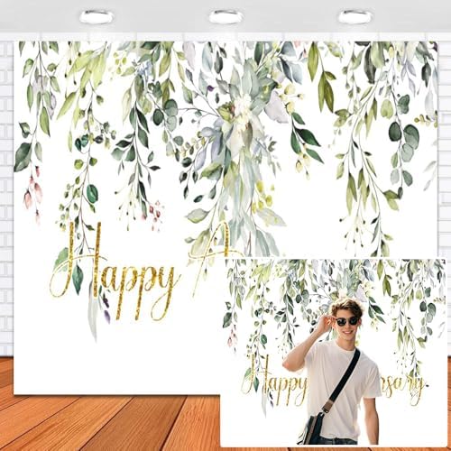 Leowefowa 12x6ft Vinyl Happy Anniversary Backdrop Green Gold Eucalyptus Leaves Photography Background Wedding Bridal Decorations Baby Shower Gender Reveal Photo Party Banner Photo Booth Props by Leowefowa