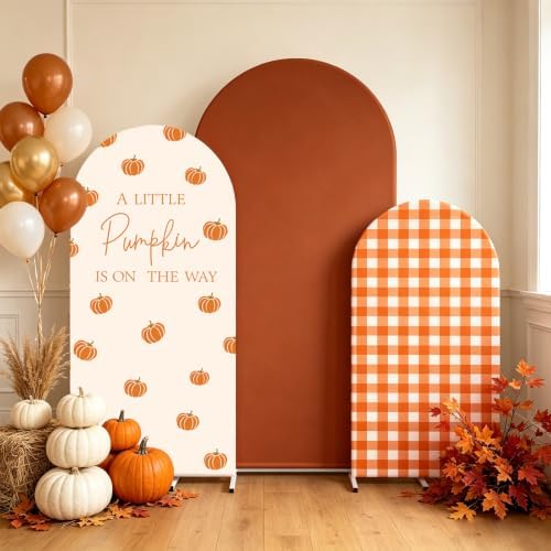 FYSUIMU 3 Pcs Fall Arch Backdrop Covers A Little Pumpkin is on the Way Baby Shower Decorations Orange Plaid Stretchy Spandex Arch Stand Fabric Cover for Autumn Gender Reveal Birthday (4ft/5ft/6ft) - Image 4