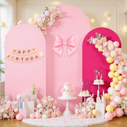 Pink and Hot Pink Arch Cover 3 Set-6FT, 5FT, 4FT Arch Backdrop Cover Spandex Fitted 2- Color Fabric Stand Covers for Baby Shower Girls Birthday Party Wedding Photo Background Decorations - Image 3