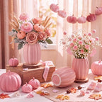 Rtteri 6 Set 5.12" Ceramic Pumpkin Vase with Wood Slices Glazed Fall Flower Pots for Autumn Home Decor Smooth Pottery Planter Pack for Thanksgiving Tabletop Decoration Housewarming Gifts (Pink) - Image 4