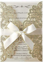 Hosmsua 50PCS Personalized Laser Cut Flora Lace Invitation Cards with Bowknot 5.12”x 7.3'' Light Gold Wedding Invitations with Envelopes for Engagement Birthday (Champagne Glitter) by Hosmsua