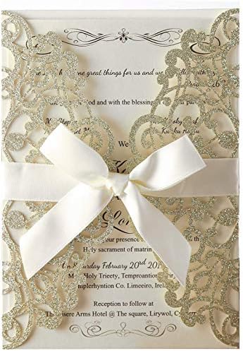 Hosmsua 50PCS Personalized Laser Cut Flora Lace Invitation Cards with Bowknot 5.12”x 7.3'' Light Gold Wedding Invitations with Envelopes for Engagement Birthday (Champagne Glitter) by Hosmsua