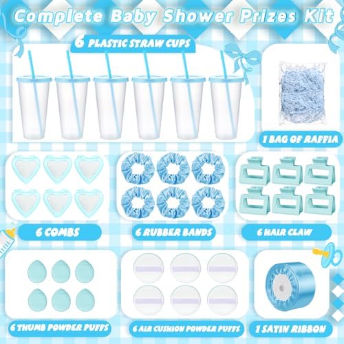 Teenyyou 6 Sets Baby Shower Game Gifts for Players Baby Shower Favors Tumbler Hair Comb Powder Puff Hair Claw Gift Bag Thanks Tags for Wedding Bridal Favors Party Guests (Blue) - Image 5