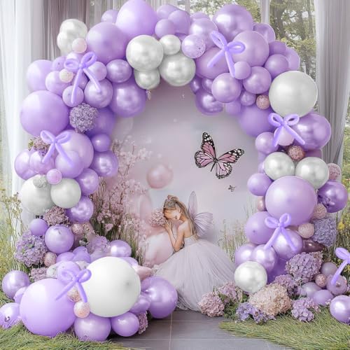 Purple White Balloon Arch Double Stuffed Pearl light Purple White Balloon Arch kit With Long Balloons for Wedding Bridal Baby Shower Birthday Engagement Party Decorations by Corvani