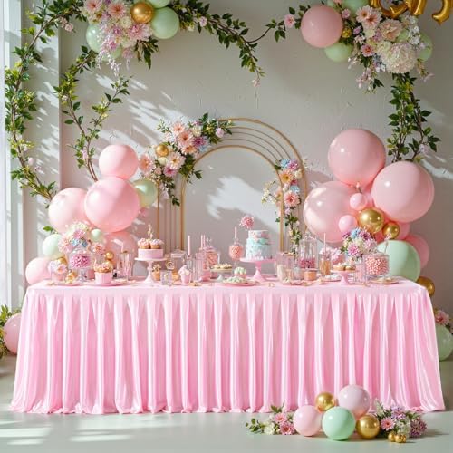 Pink Satin Tablecloths Rectangle 4FT, Glitter Spandex Fitted Stretch Table Covers Wrinkle-Resistant Floor Length Shimmer Pleated Table Skirt for Weddings Parties Baby Shower Banquets Vendor Events - Image 3