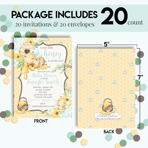 Custom Baby Shower Invites Little Honey Bee Invitation for Boys, Pack of 20 5x7 Personalized Honey Pot Invites with Envelopes - Unique Honey Baby Shower Cards by AmandaCreation - Image 4