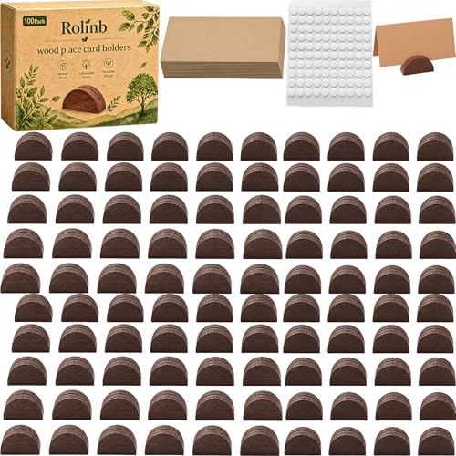 100PCS Wood Place Card Holders with Cards & Self-Adhesive, Pine Wooden Semicircular Design Table Number Name Card Stands for Wedding Baby Shower Birthday Party Menu Cafe (100, Brown) by Rolinb