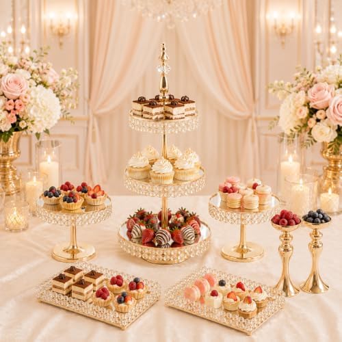 7 Pcs Crystal Cake Display Stand with Mirror, Round Dessert Display Stand - Image 7