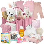 Premium New Baby Girl Gift Basket | Newborn Essentials Care Package in Diaper Caddy Organizer | Plush Toy, Baby Clothes, Bath Set, Hooded Towel, Rattle, Keepsakes & More Pink & White - Image 4