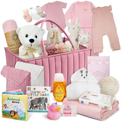 Premium New Baby Girl Gift Basket | Newborn Essentials Care Package in Diaper Caddy Organizer | Plush Toy, Baby Clothes, Bath Set, Hooded Towel, Rattle, Keepsakes & More Pink & White - Image 4