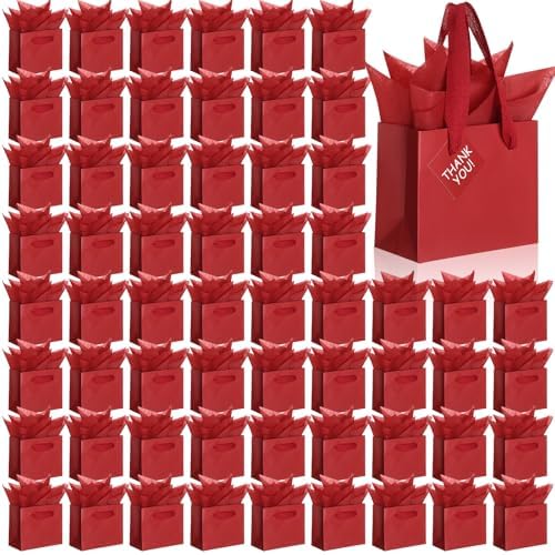 Qilery 50 Pcs Wedding Paper Gift Bags Bulk with Tissue Paper Small Gift Bags with Handle and Tags for Birthday Wedding 4th of July Party Business(Dark Red,4.7 x 2.4 x 3.9'') by Qilery