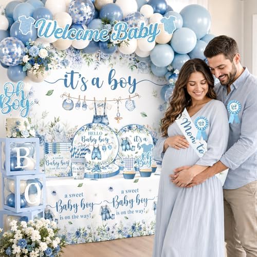 Baby Boy Shower Decorations, All-in-One Set with Boy Baby Shower Plates and Napkins, Balloon Arch, Cake Topper, Balloon Box, Banner, Tablecloth, Baby Shower Decorations Boy Serves 20 - Image 3