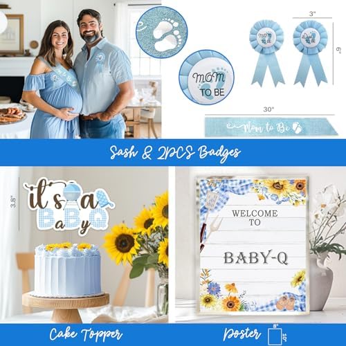 Baby Q Baby Shower Decorations for Boys, 128 PCs - BBQ Baby Shower Party Supplies with Blue Babyq Backdrop, Balloon Garland, Gingham Tablecloth, Cake Topper - Image 5