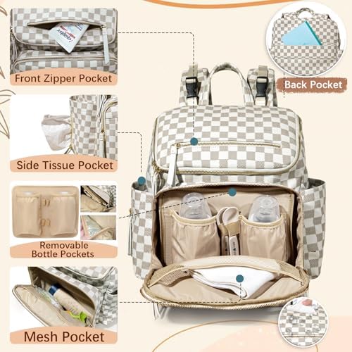Omanmoli Checkered Diaper Bag Backpack Large Baby Diaper Bag Leather with 17 Diaper Bag Organizing Pouches,Changing Pad,Stroller Straps,4 Insulated Pockets,Beige&Honey - Image 3